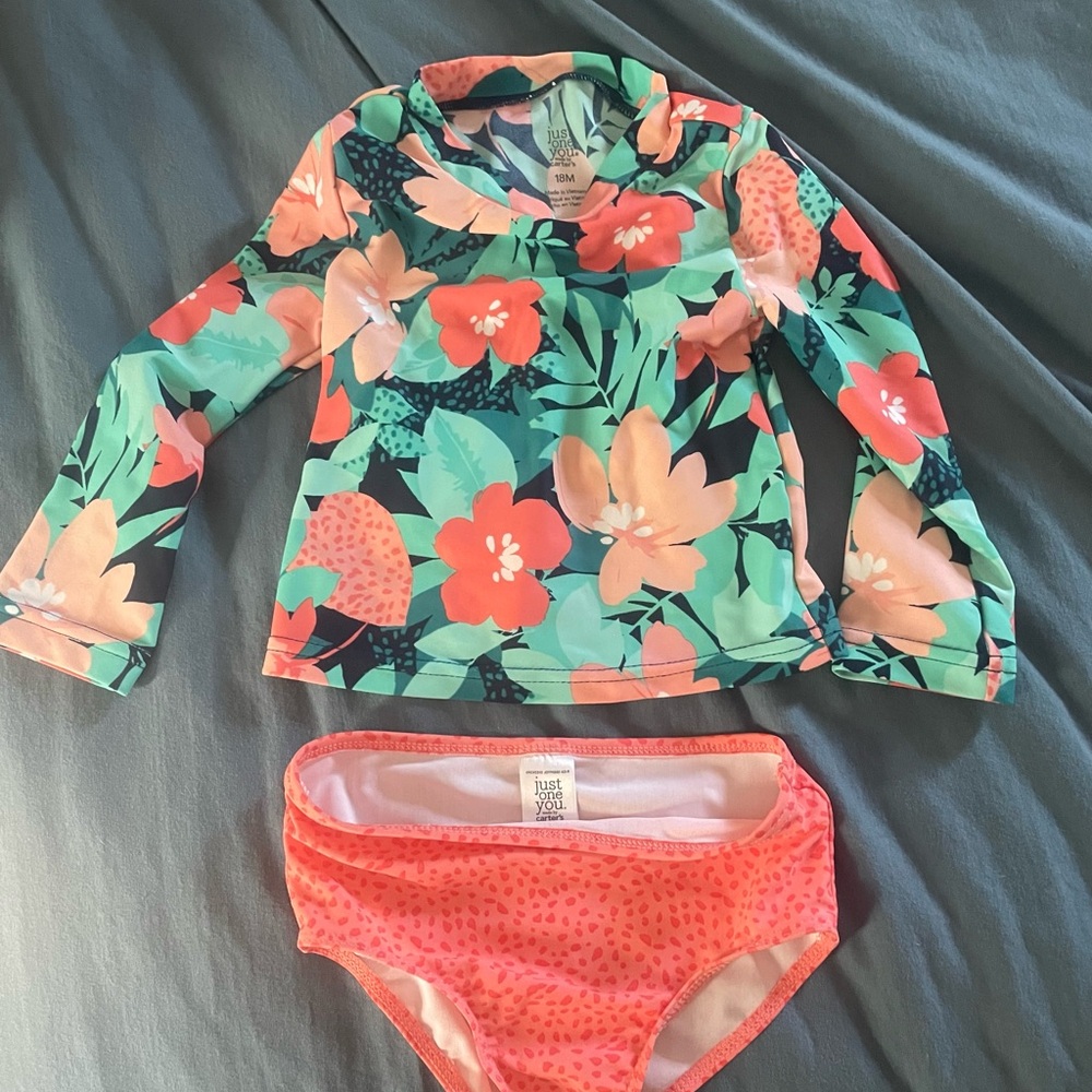 Floral Kids Swim Set - Green and Orange